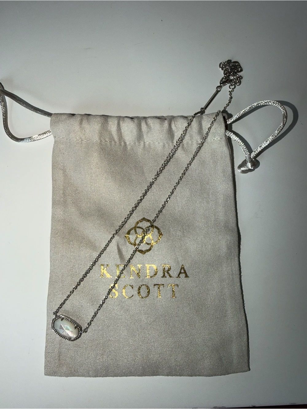 Kendra Scott Silver Necklace with Iridescent White Pendant